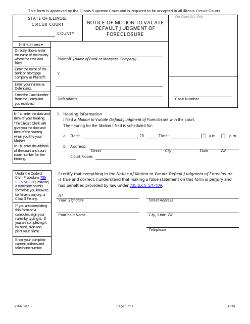 Form VD-N902.3 Notice of Motion to Vacate Default Judgment of Foreclosure - Illinois