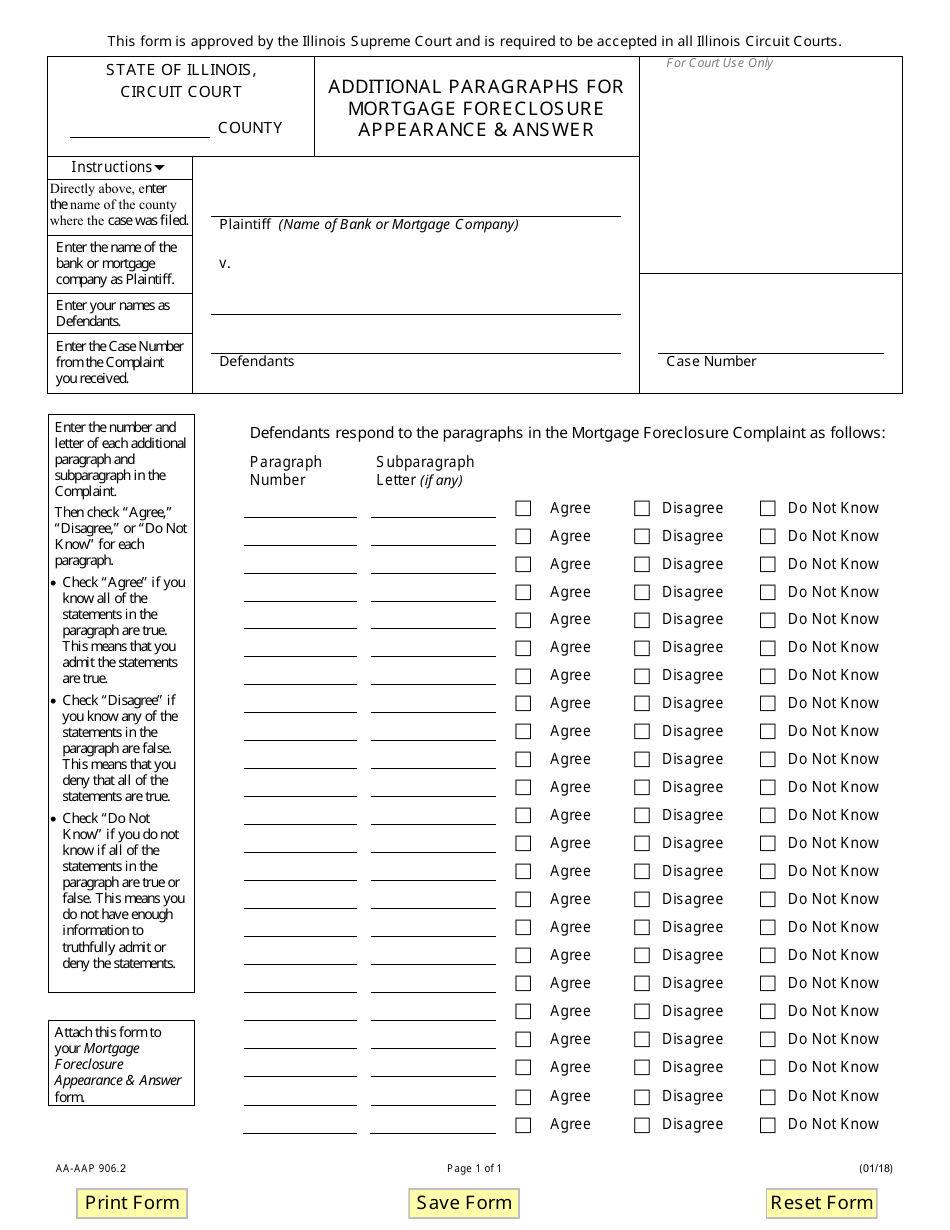 Form AA-AAP906.2 Additional Paragraphs for Mortgage Foreclosure Appearance  Answer - Illinois, Page 1