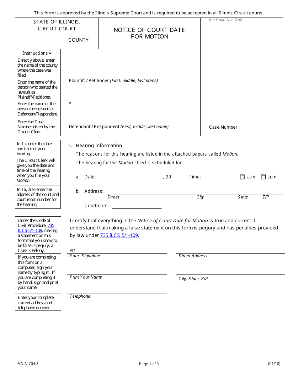 Form MN-N704.3 Notice of Court Date for Motion - Illinois, Page 1