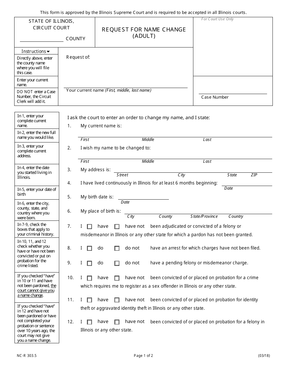 Form NC-R303.5 Request for Name Change (Adult) - Illinois, Page 1