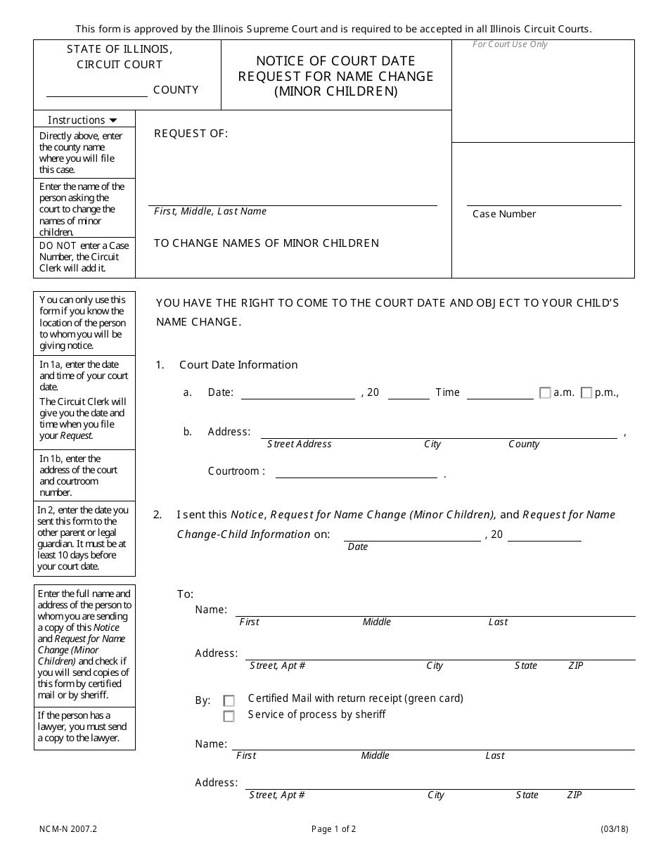 Form NCM-N2007.2 Notice of Court Date Request for Name Change(Minor Children) - Illinois, Page 1