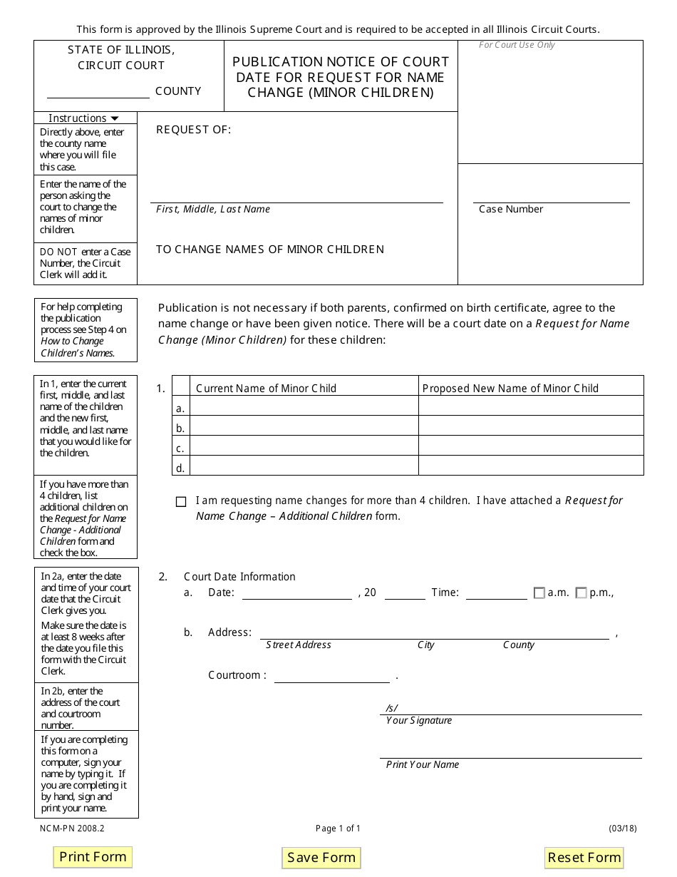 Form NCM-PN2008.2 Publication Notice of Court Date for Request for Name Change (Minor Children) - Illinois, Page 1
