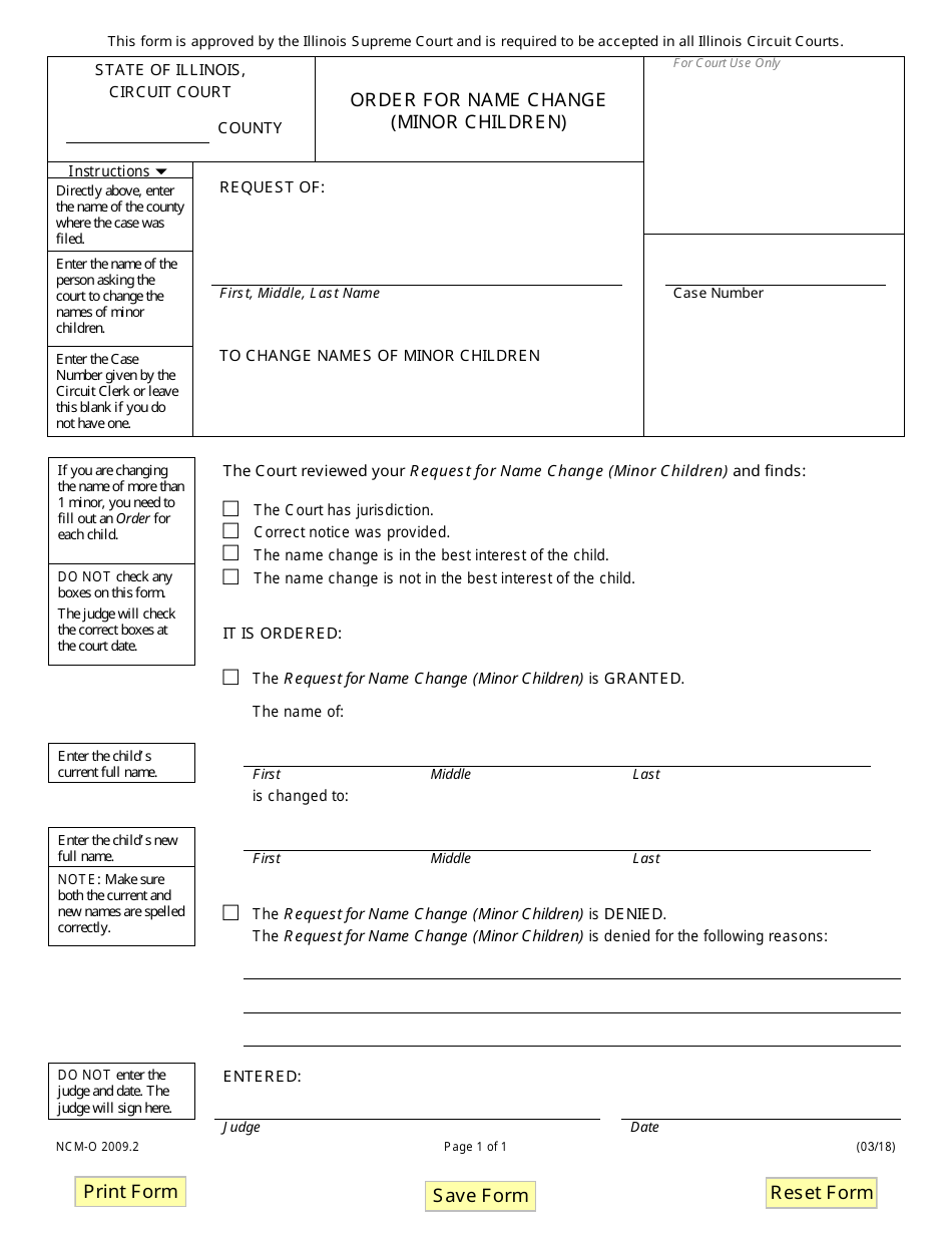 Form NCM-O2009.2 Order for Name Change (Minor Children) - Illinois, Page 1