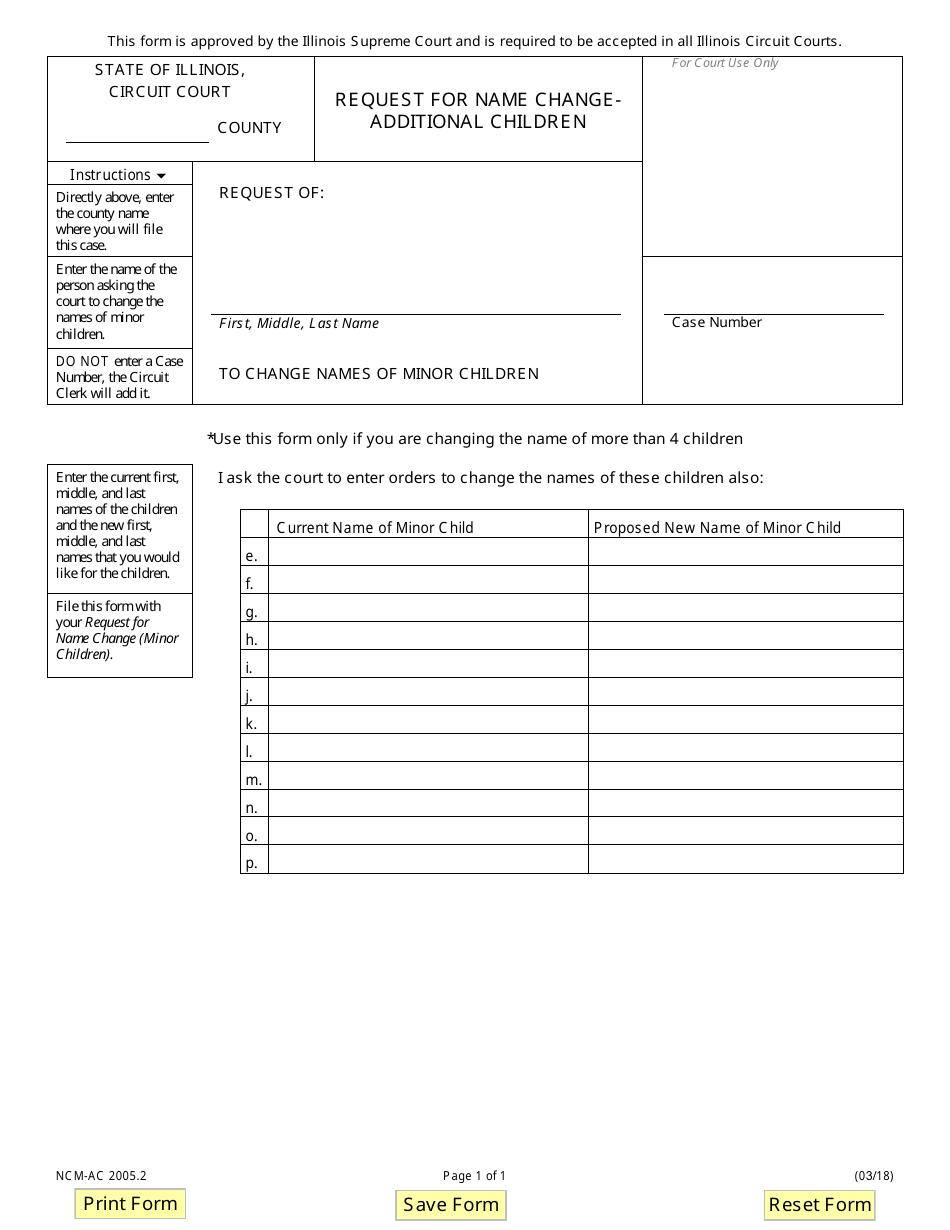 Form NCM-AC2005.2 Request for Name Change - Additional Children - Illinois, Page 1