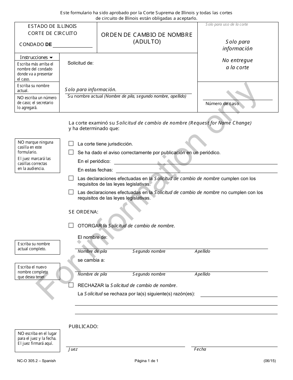 Formulario NC-O305.2 Orden De Cambio De Nombre (Adulto) - Illinois (Spanish), Page 1