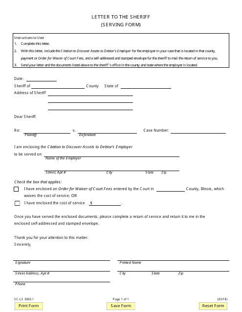 Form SC-LS3005.1 Letter to the Sheriff (Serving Form) - Illinois