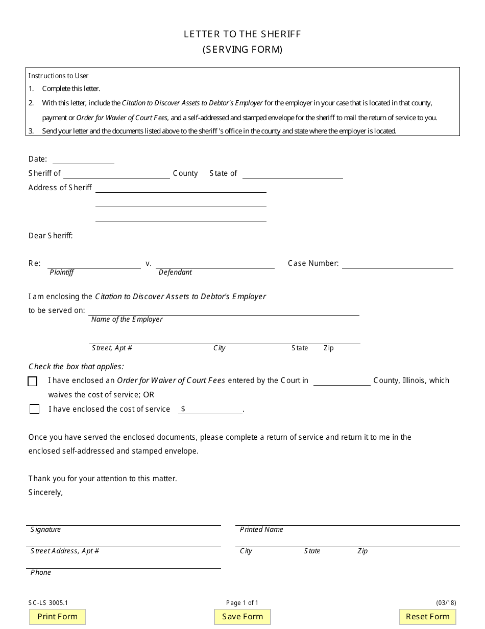 Form SC-LS3005.1 Letter to the Sheriff (Serving Form) - Illinois, Page 1