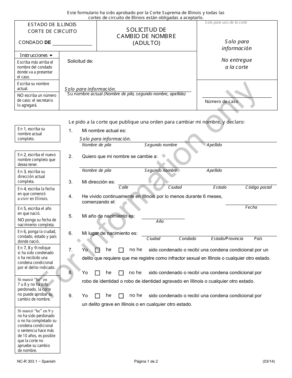 Formulario NC-R303.1 Solicitud De Cambio De Nombre (Adulto) - Illinois (Spanish), Page 1