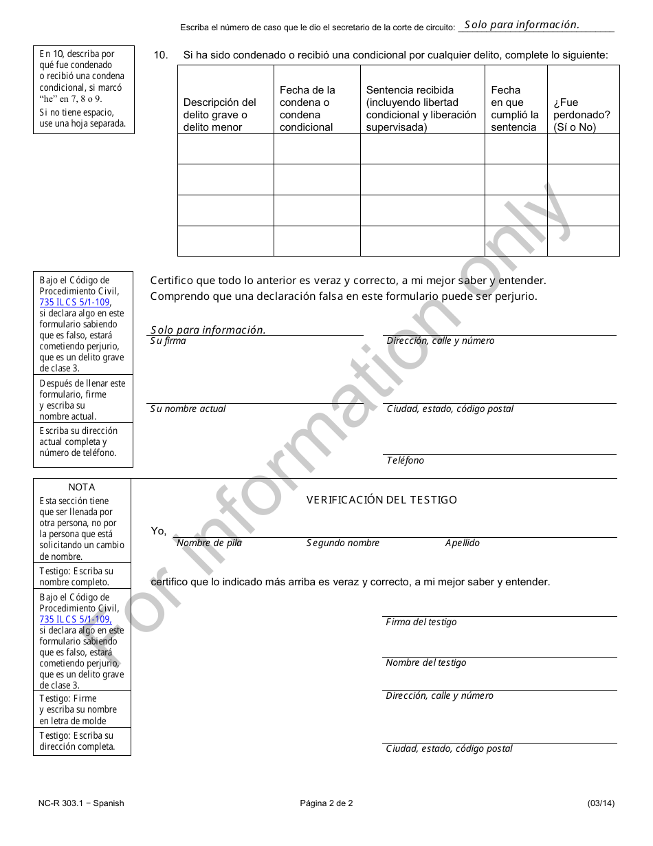 Formulario NC-R303.1 Solicitud De Cambio De Nombre (Adulto) - Illinois (Spanish), Page 2