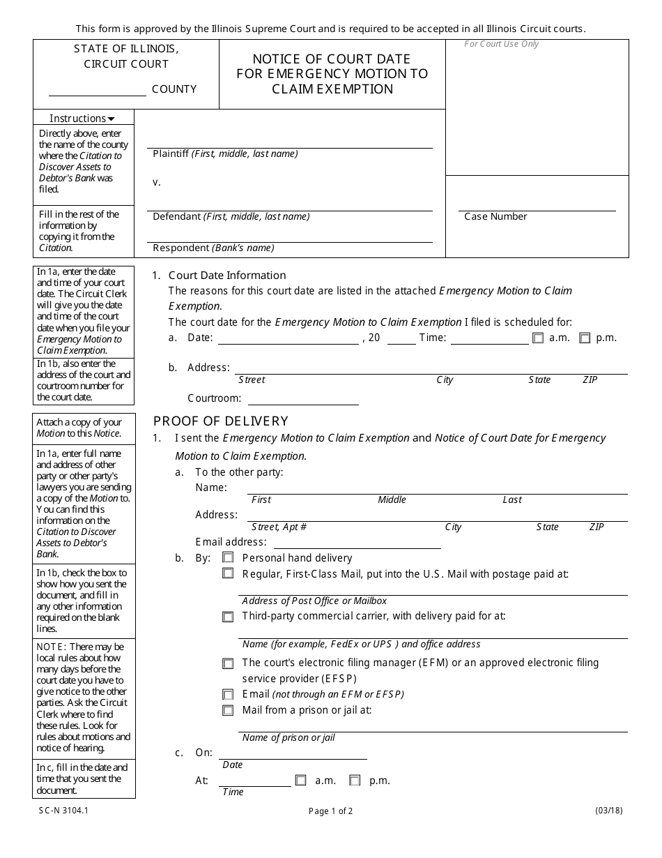 Form SC-N3104.1 Notice of Court Date for Emergency Motion to Claim Exemption - Illinois, Page 1