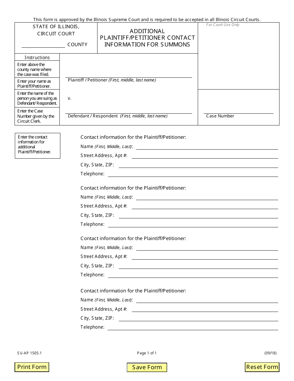 Form SU-AP1505.1 Additional Plaintiff / Petitioner Contact Information for Summons - Illinois, Page 1
