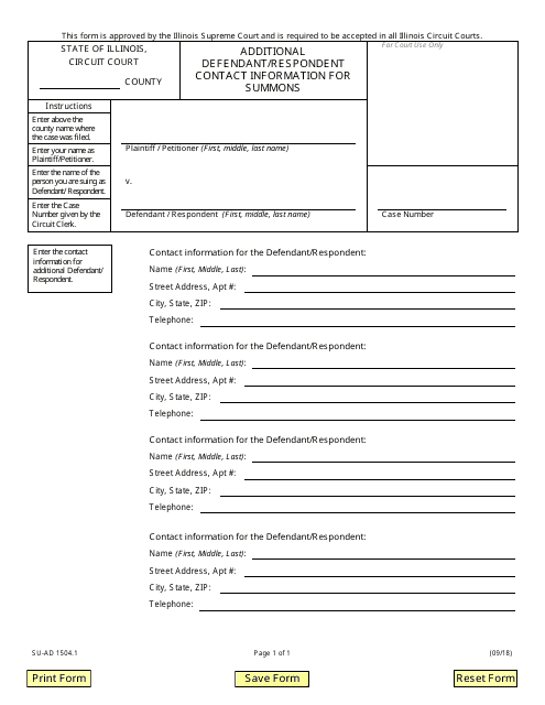 Form SU-AD1504.1 Additional Defendant/Respondent Contact Information for Summons - Illinois