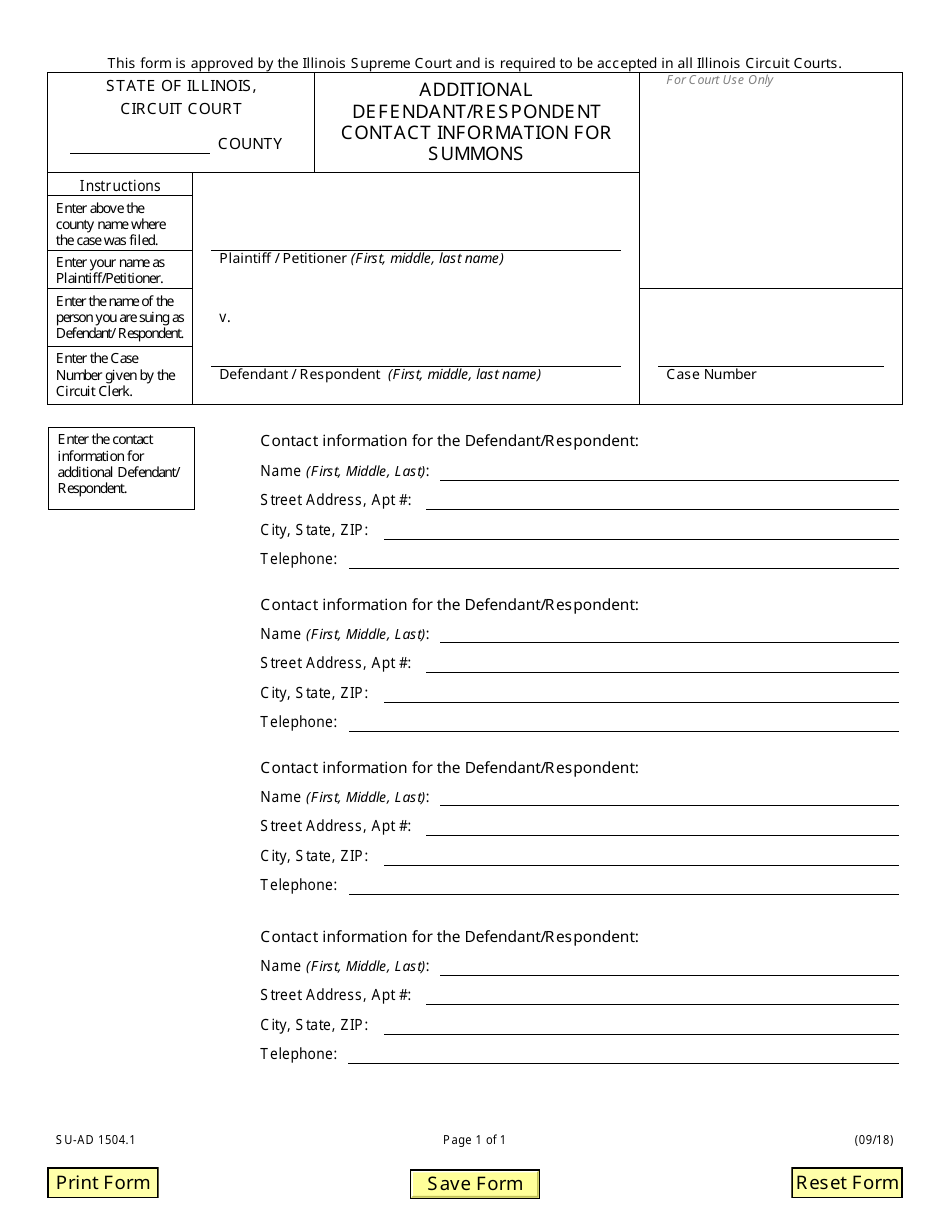 Form SU-AD1504.1 Additional Defendant / Respondent Contact Information for Summons - Illinois, Page 1