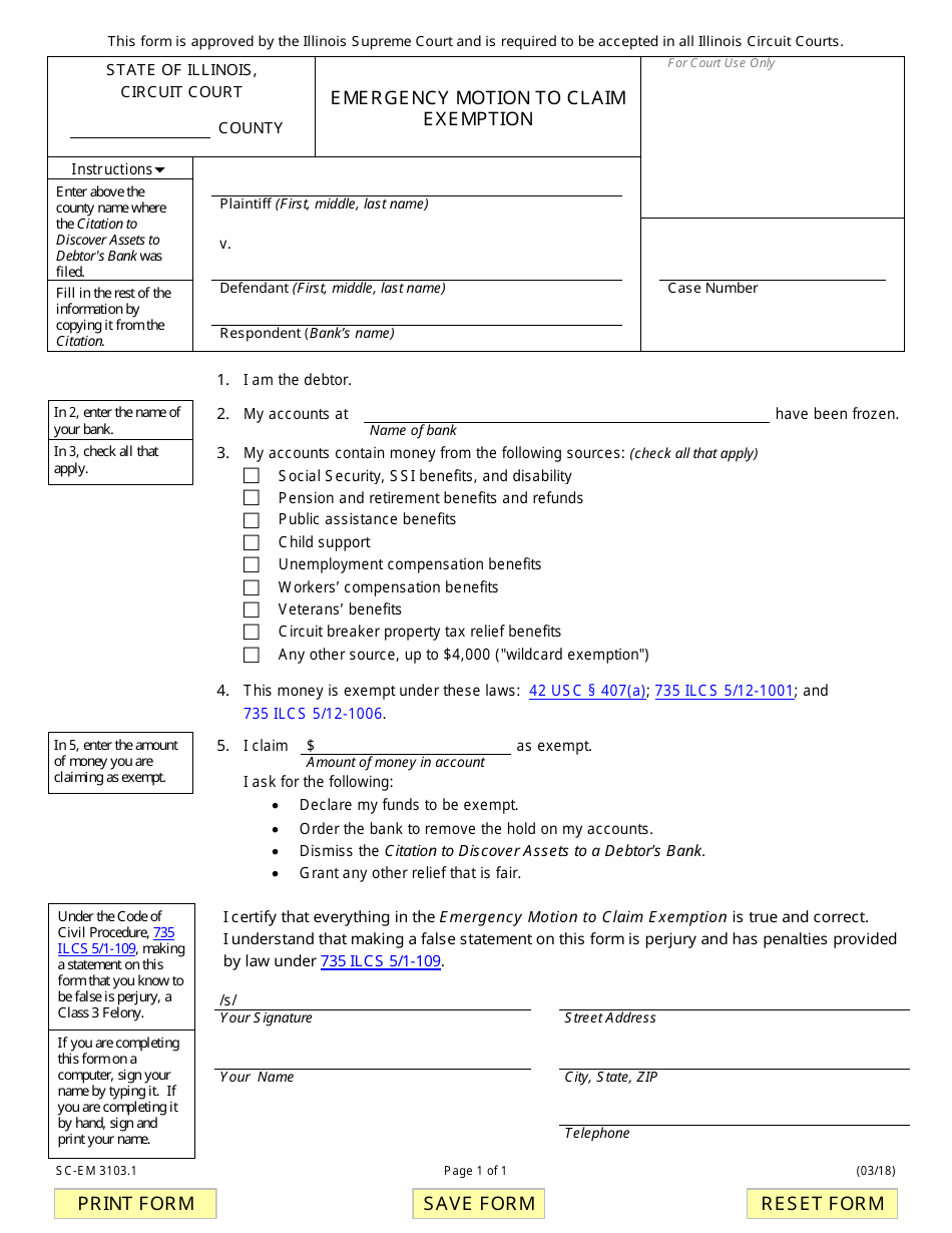 Form SC-EM3103.1 Emergency Motion to Claim Exemption - Illinois, Page 1
