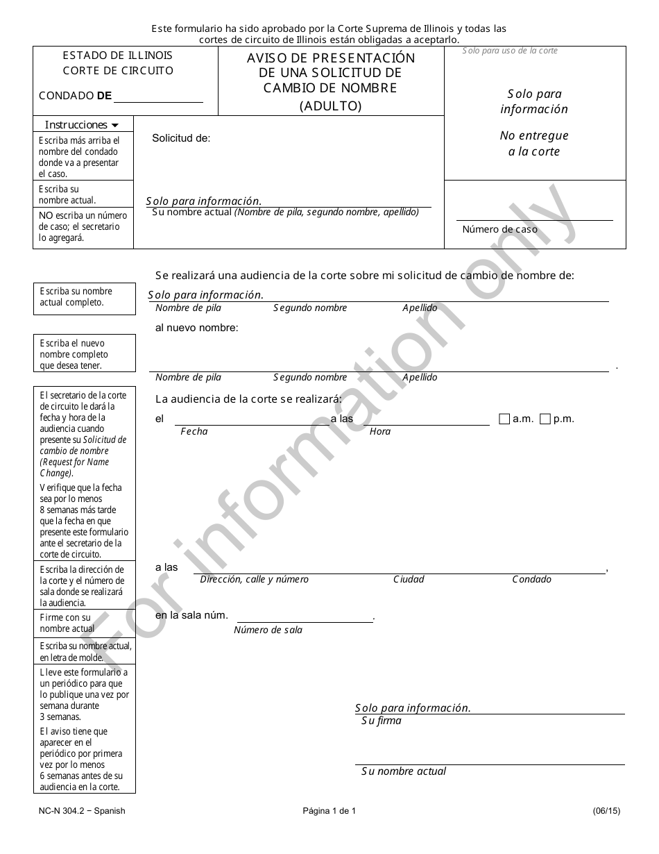 Formulario NC-N304.2 Aviso De Presentacion De Una Solicitud De Cambio De Nombre (Adulto) - Illinois (Spanish), Page 1