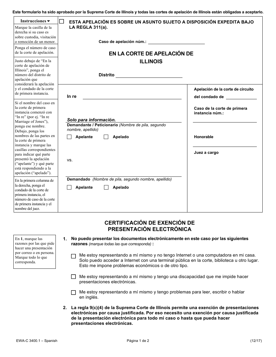 Formulario EWA-C3400.1 Certificacion De Exencion De Presentacion Electronica - Illinois (Spanish), Page 1