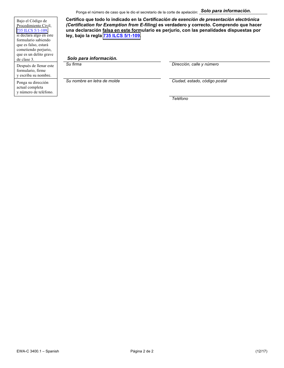 Formulario EWA-C3400.1 Certificacion De Exencion De Presentacion Electronica - Illinois (Spanish), Page 2