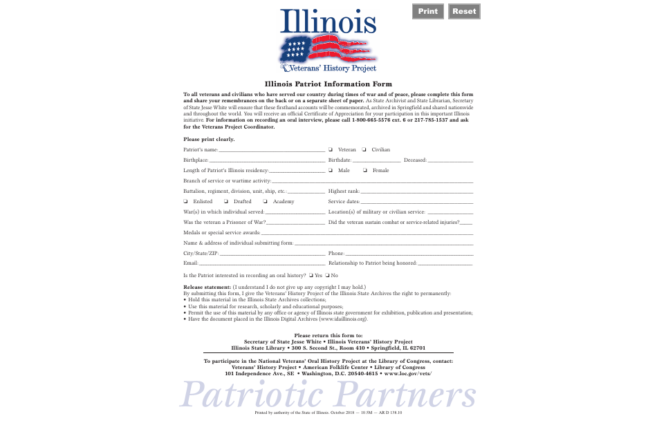 Illinois Patriot Information Form - Illinois, Page 1