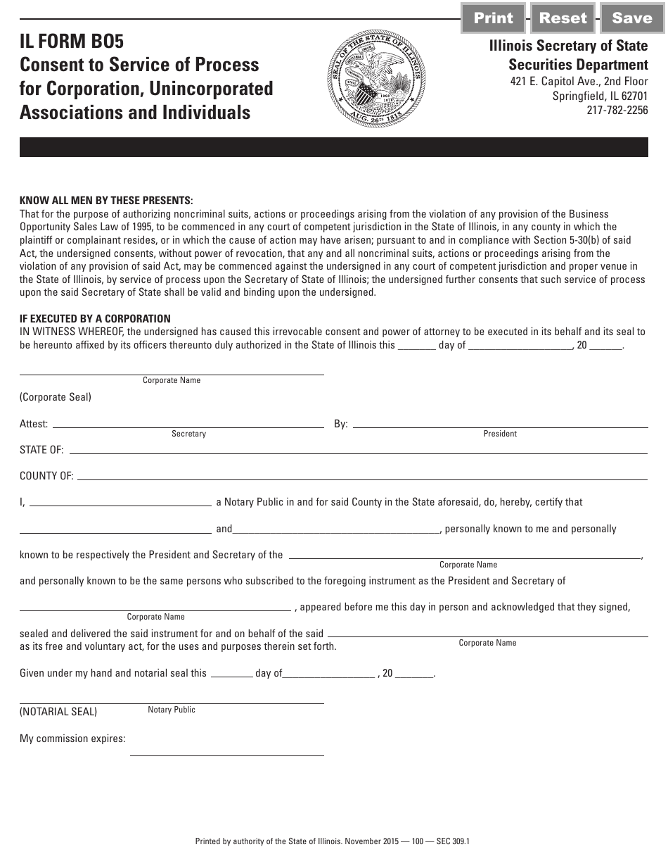 Form B05 Consent to Service of Process for Corporation, Unincorporated Associations and Individuals - Illinois, Page 1