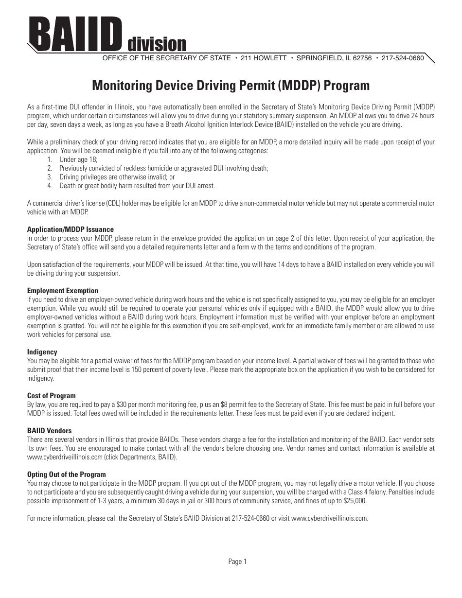 Form BAIID17 Monitoring Device Driving Permit (Mddp) Program Application - Illinois, Page 1