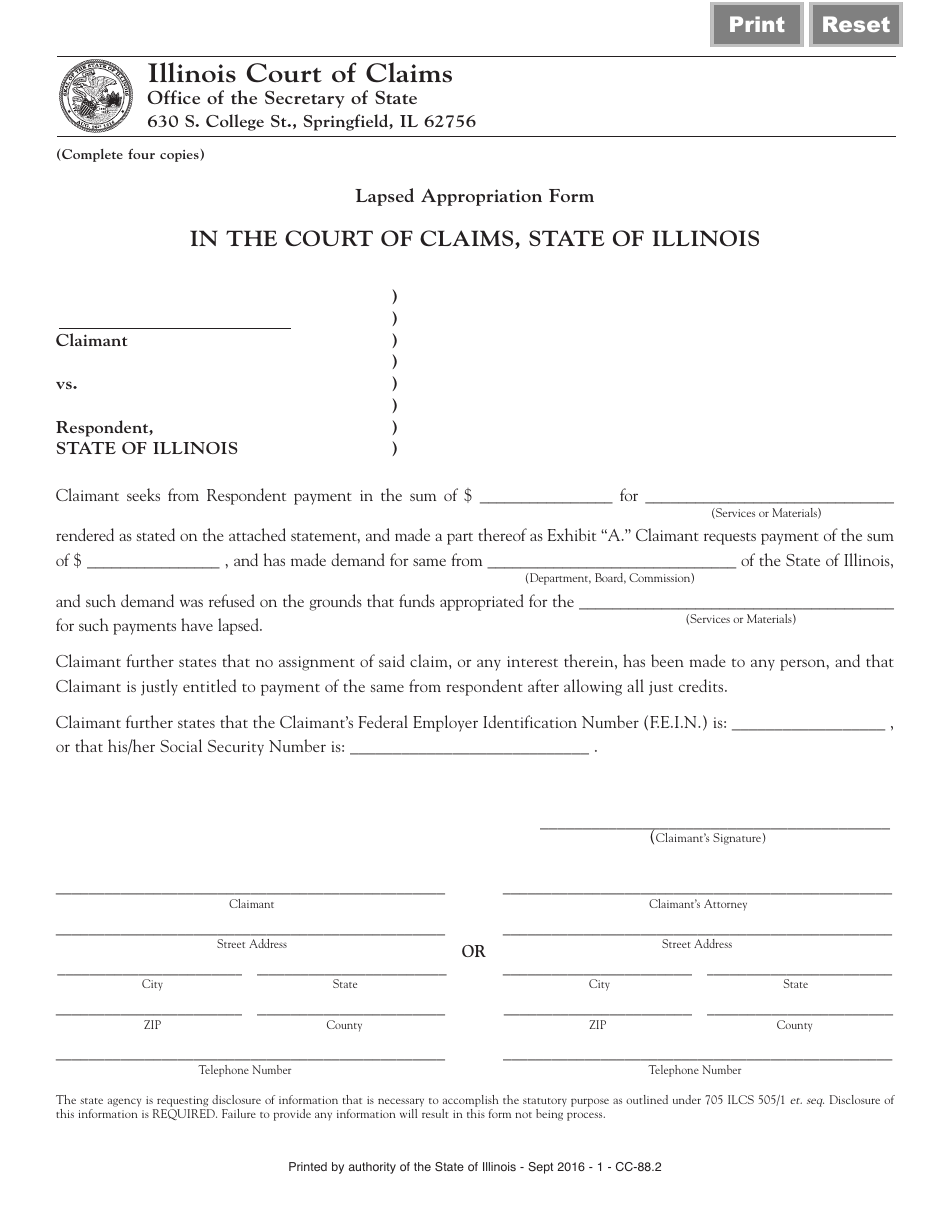 Form CC88 Lapsed Appropriation Form - Illinois, Page 1