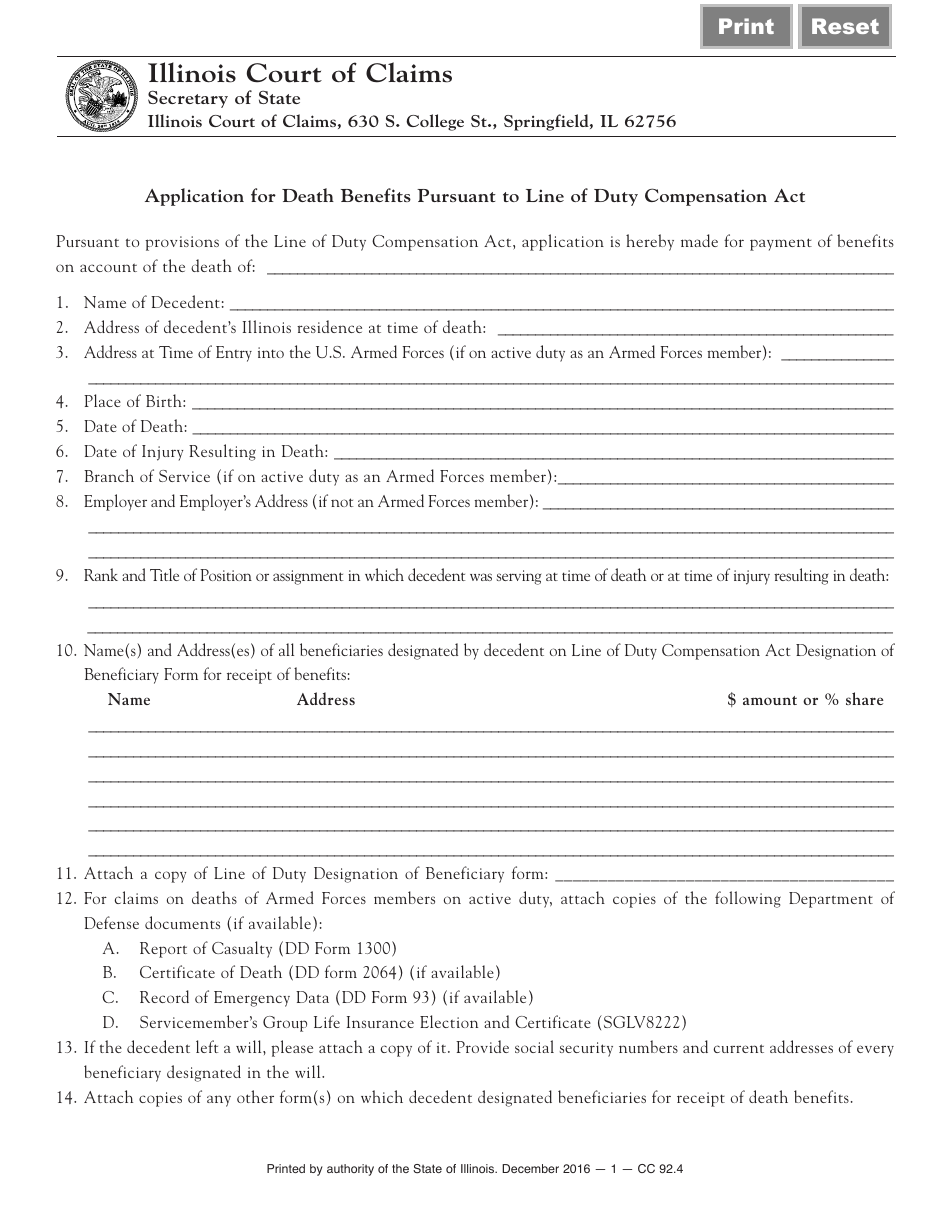 Form CC92 Application for Death Benefits Pursuant to Line of Duty Compensation Act - Illinois, Page 1