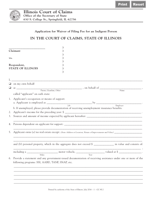 Form CC90 Application for Waiver of Filing Fee for an Indigent Person - Illinois