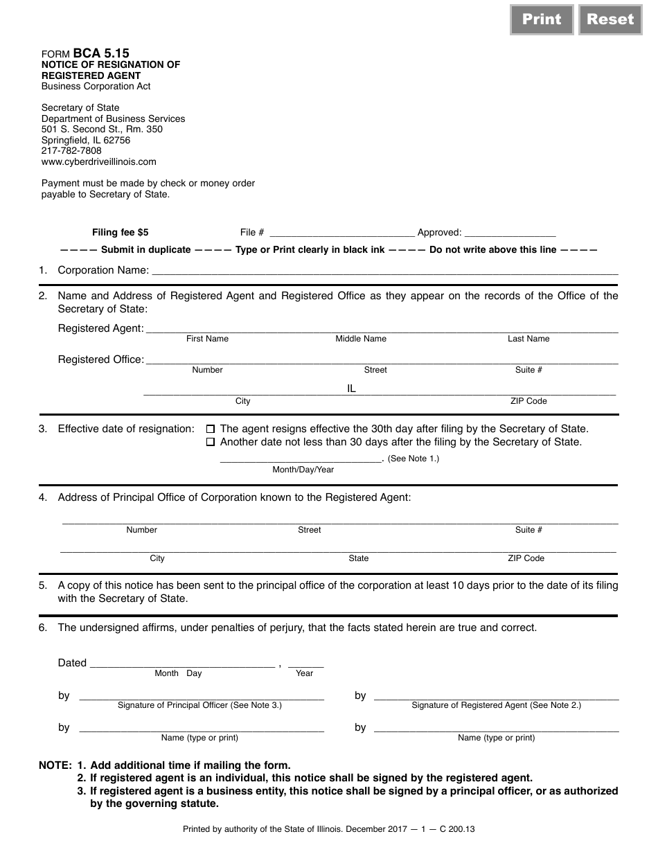 Form BCA5.15 Notice of Resignation of Registered Agent - Illinois, Page 1