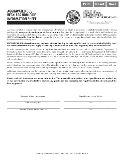 Aggravated Dui / Reckless Homicide Information Sheet - Illinois Download Pdf