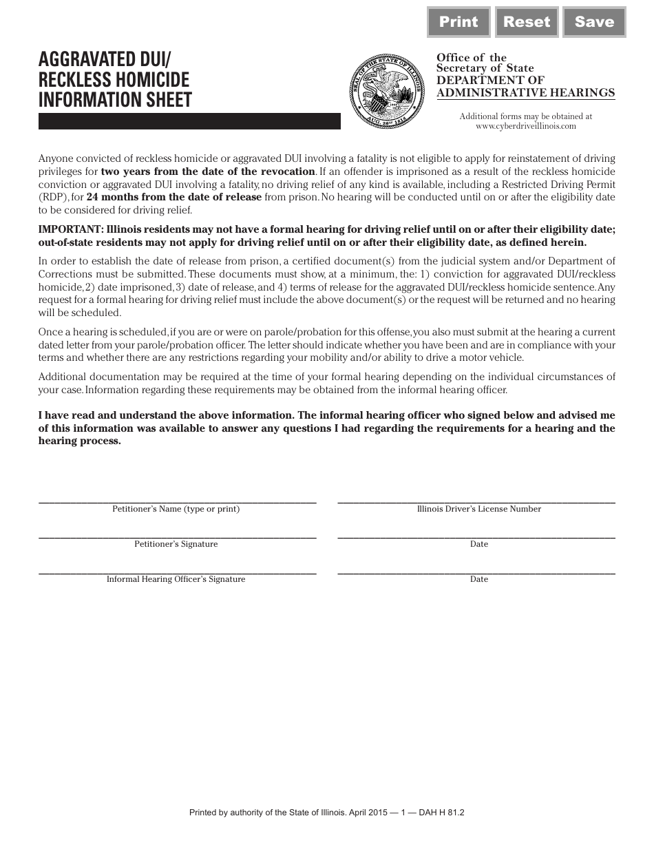 Aggravated Dui / Reckless Homicide Information Sheet - Illinois, Page 1