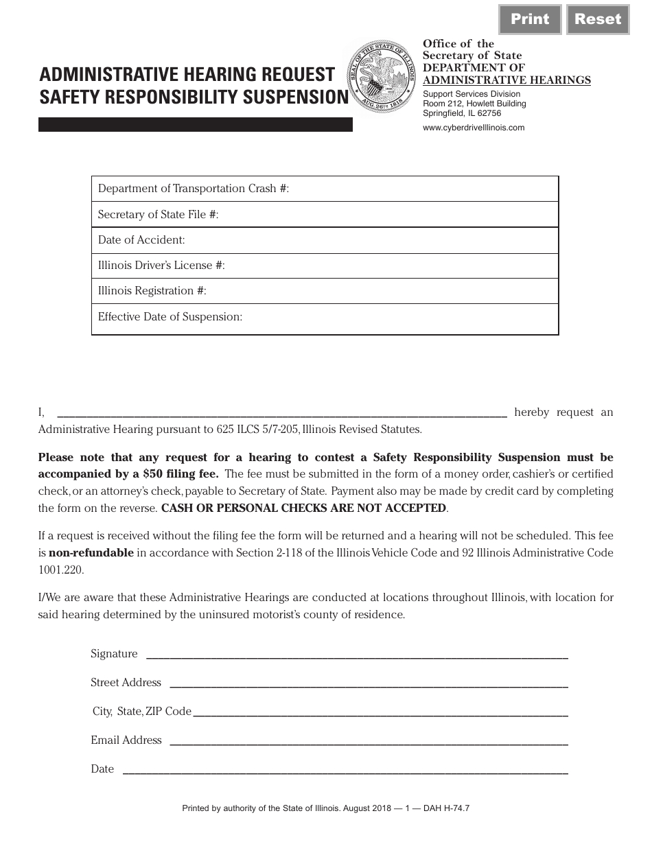 Administrative Hearing Request Safety Responsibility Suspension Form - Illinois, Page 1