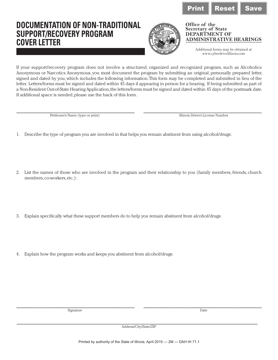 Form DAH(IH71 Documentation of Non-traditional Support / Recovery Program Cover Letter - Illinois, Page 1