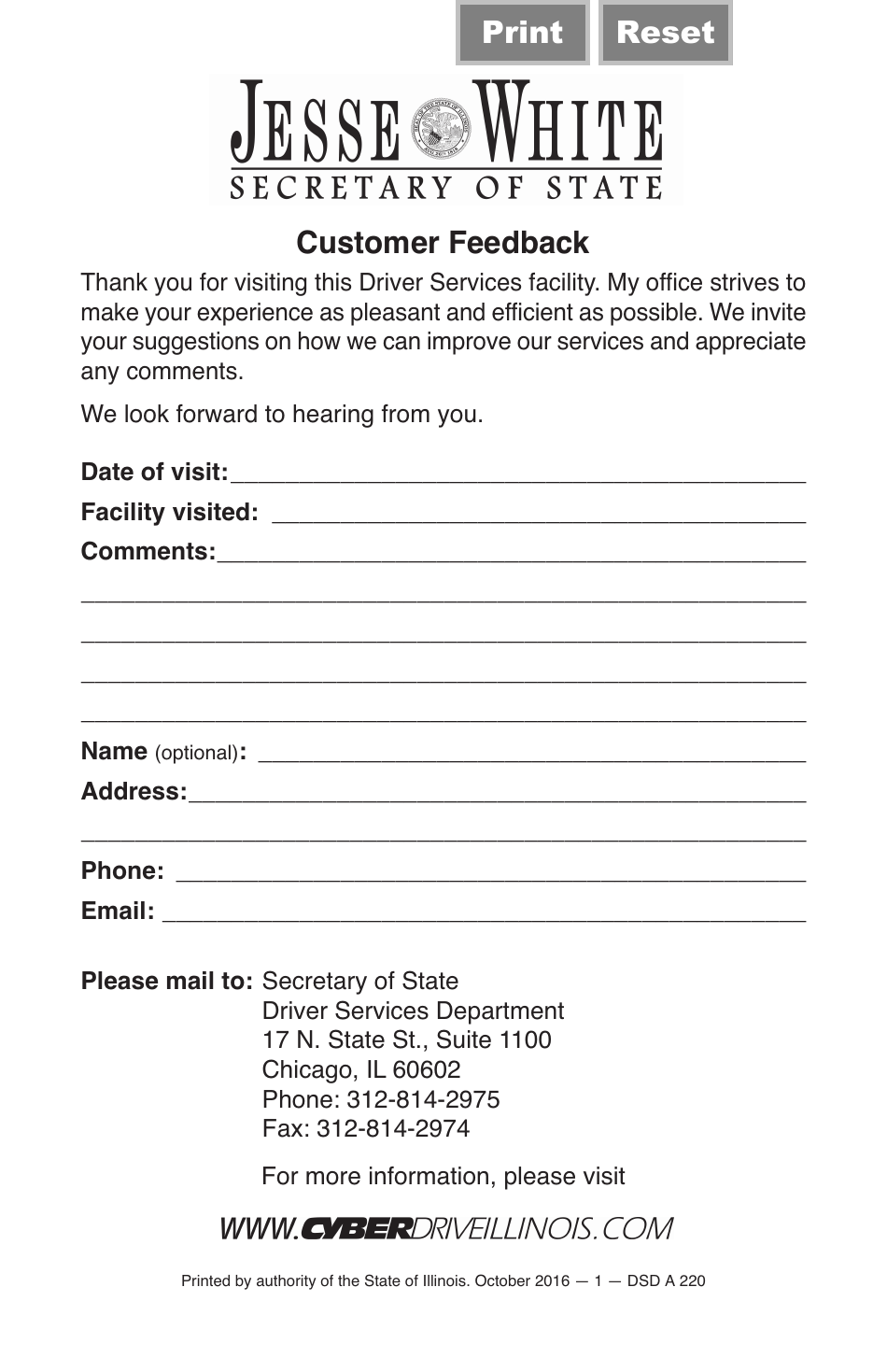 Form DSD A220 Customer Feedback - Facility Visit Chicago - Illinois, Page 1
