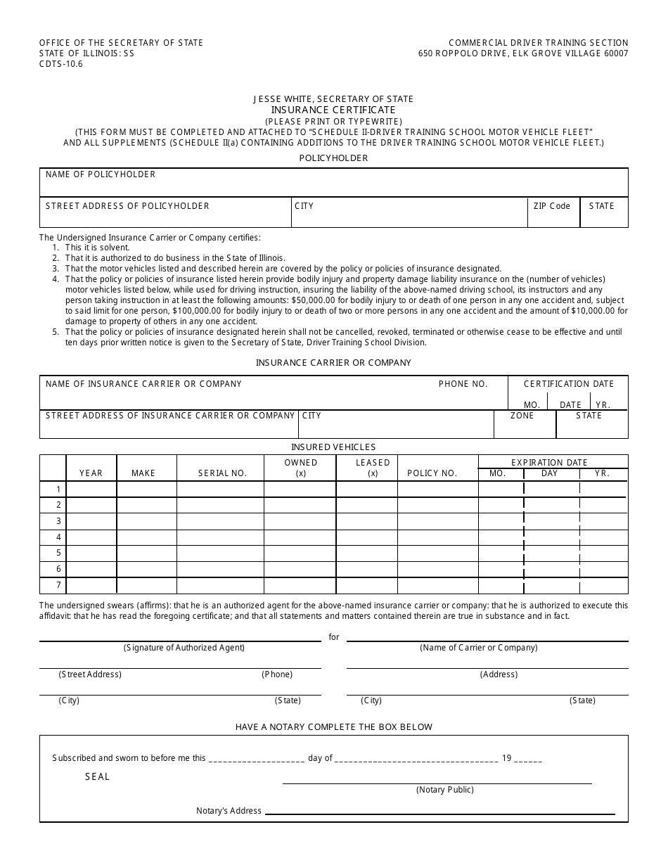 Form DSD CDTS-10 Insurance Certificate - Illinois, Page 1