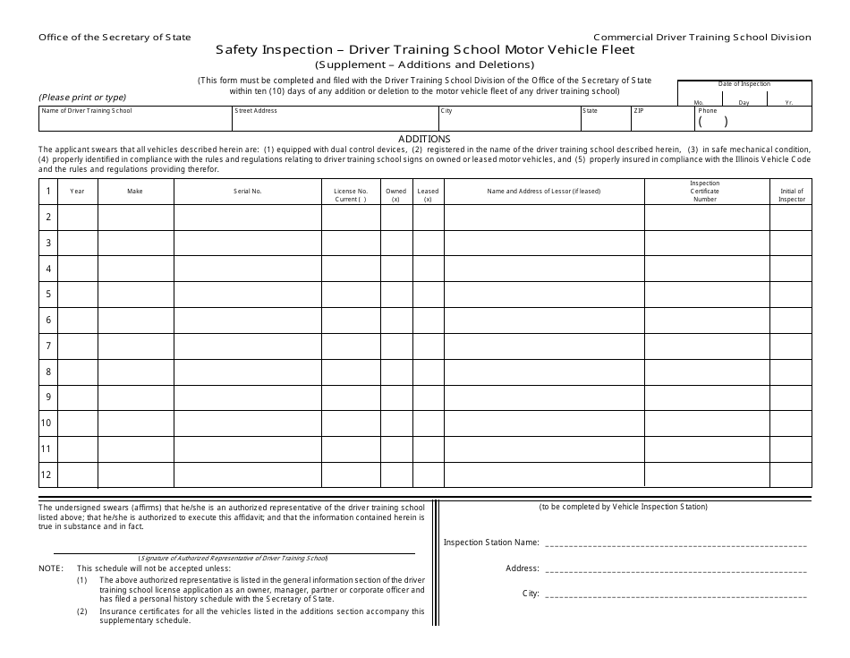 Form DSD CDTS-27 Safety Inspection - Driver Training School Motor Vehicle Fleet - Illinois, Page 1