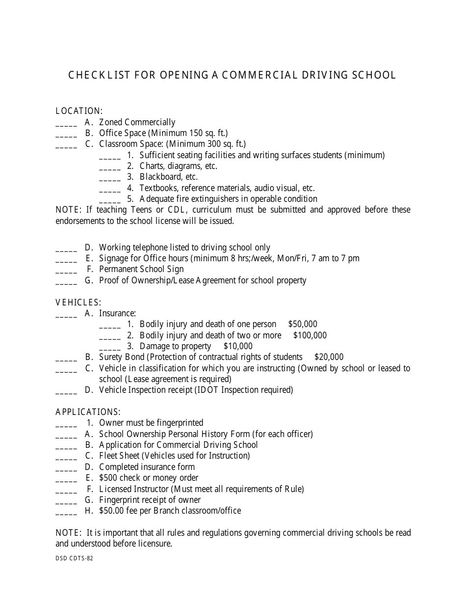 Form DSD CDTS-82 Checklist for Opening a Commercial Driving School - Illinois, Page 1