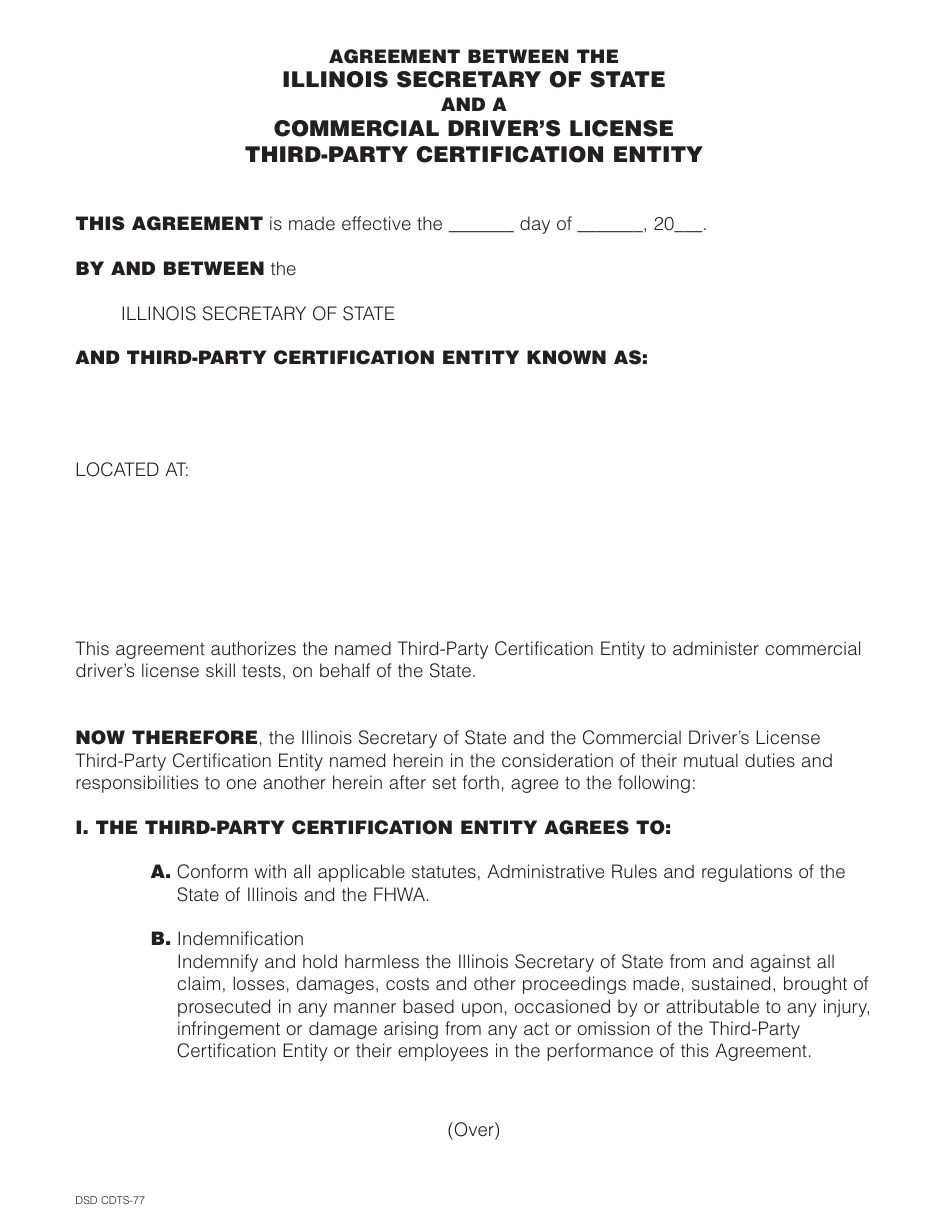 Form DSD CDTS-77 Agreement Between the Illinois Secretary of State and a Commercial Drivers License Third-Party Certification Entity - Illinois, Page 1