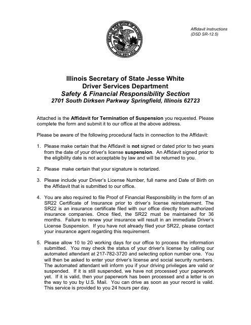 Form DSD SR-12.5 Affidavit for Termination of Suspension Imposed Under Section 7-211 - Illinois