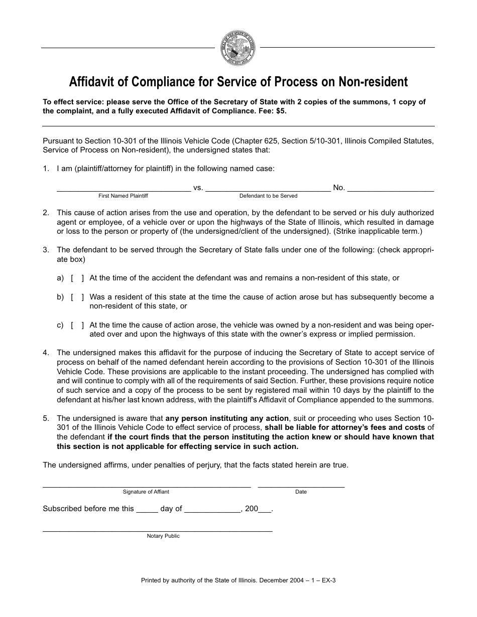 Form EX-3 Affidavit of Compliance for Service of Process on Non-resident - Illinois, Page 1