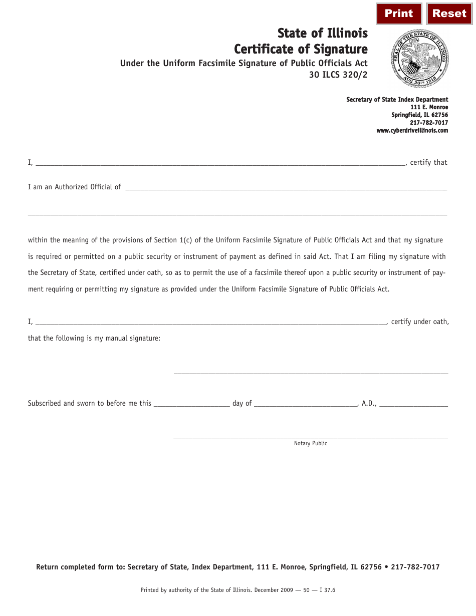 Form I137 Certificate of Signature - Illinois, Page 1