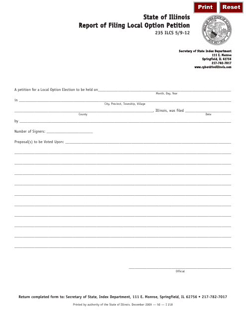 Form I-218 Report of Filing Local Option Petition - Illinois
