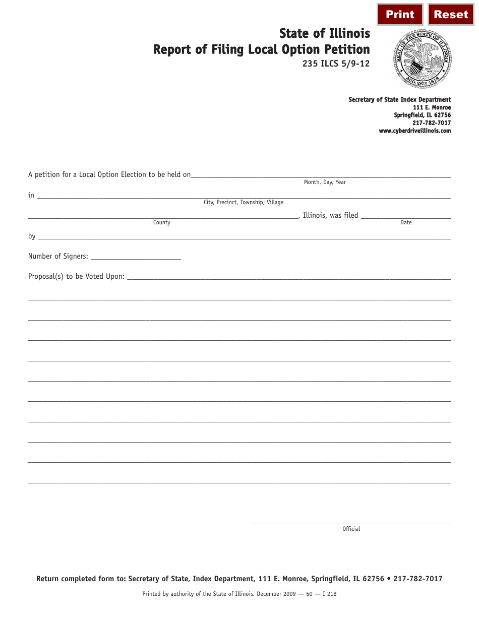 Form I-218 Report of Filing Local Option Petition - Illinois, Page 1