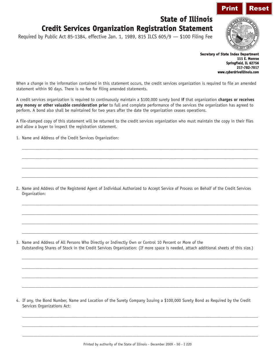 Form I-220 Credit Services Organization Registration Statement - Illinois, Page 1