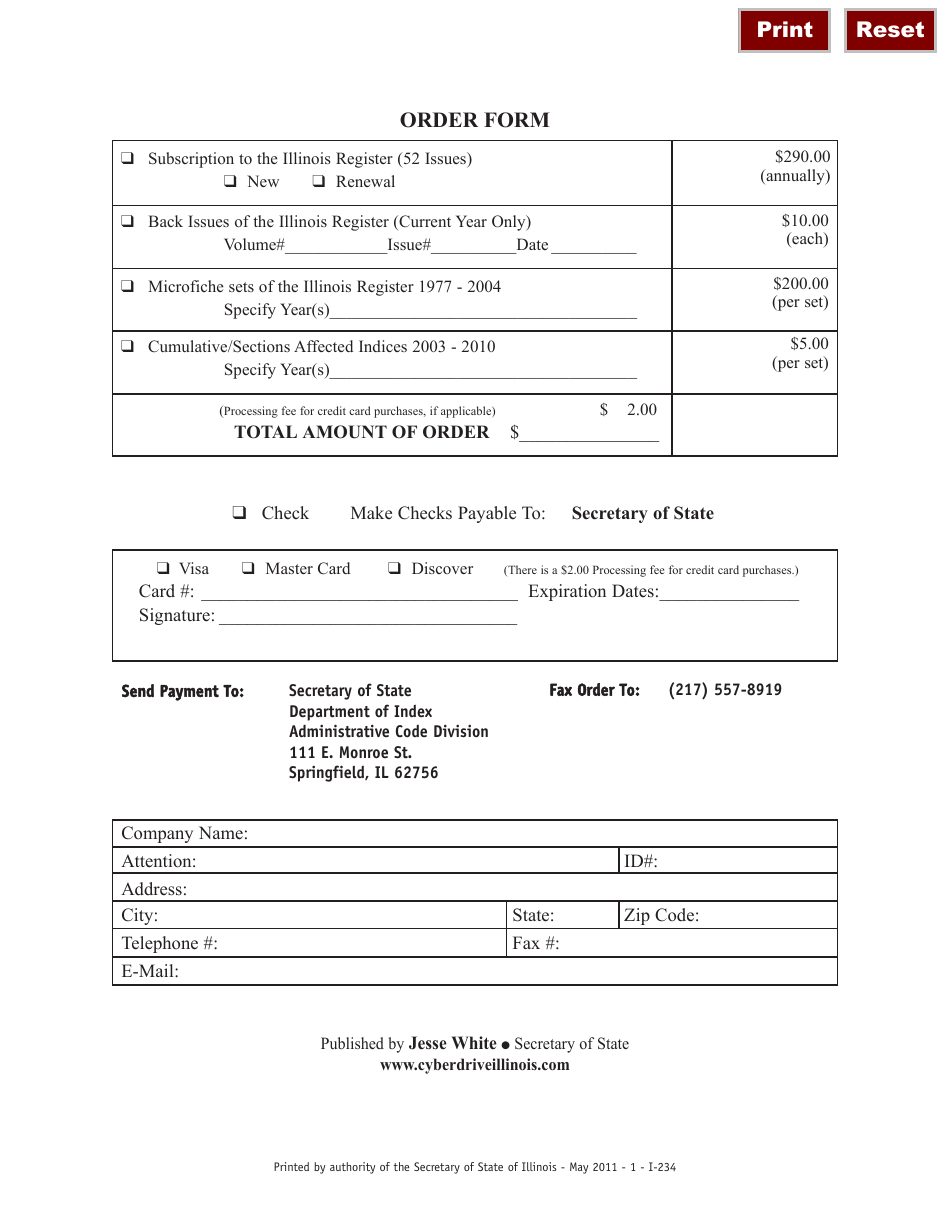 Form I-234 Order Form - Illinois, Page 1