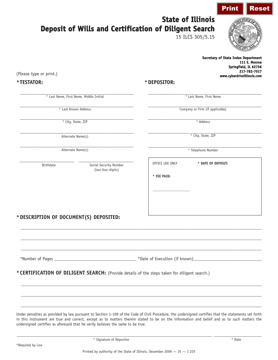 Form I225 Deposit of Wills and Certification of Diligent Search - Illinois, Page 1