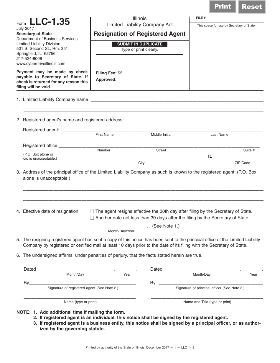 Form LLC-1.35 Resignation of Registered Agent - Illinois, Page 1