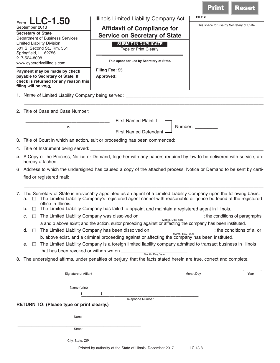 Form LLC-1.50 Affidavit of Compliance for Service on Secretary of State - Illinois, Page 1