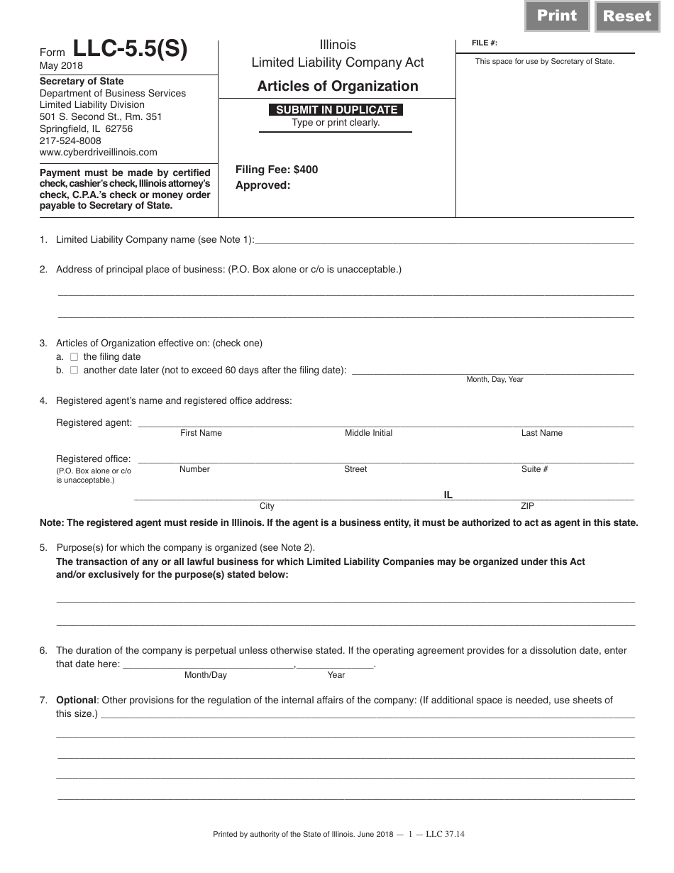 Form LLC-5.5(S) Articles of Organization - Illinois, Page 1