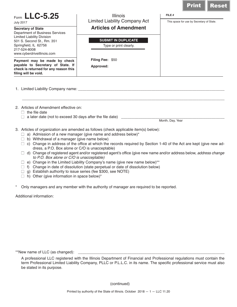 Form LLC-5.25 Articles of Amendment - Illinois, Page 1