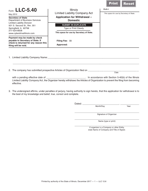 Form LLC-5.40 Application for Withdrawal - Domestic - Illinois